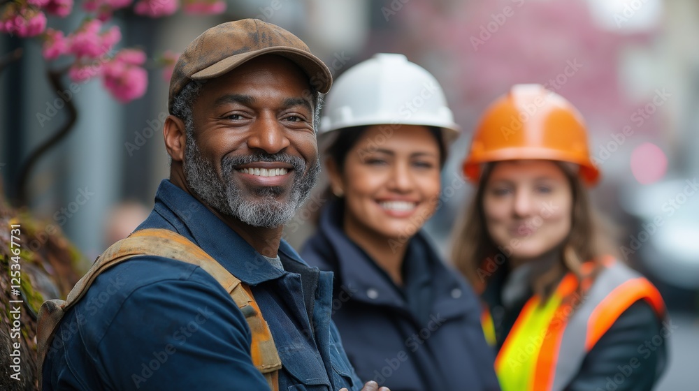 Smiling Construction Workers in Safety Gear with a Blurred City Background for Teamwork, Skilled Trades, and Industrial Work Concepts Smiling Construction Workers in Safety Gear with a Blurred City Background for Teamwork, Skilled Trades, and Industrial Work Concepts