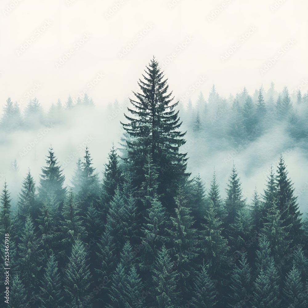 Fototapeta premium Misty Mountain Evergreen Forest Landscape
