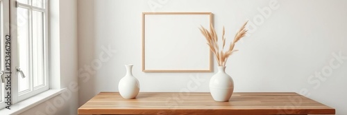 Dry grass reed plant bouquet in modern ceramic vase and empty photo frame mockup in minimalistic Scandinavian living room, reed plant, minimalistic