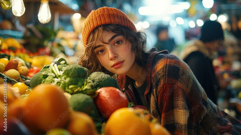 Woman with a hat examining a colorful fruit display in a vibrant market setting Woman with a hat examining a colorful fruit display in a vibrant market setting