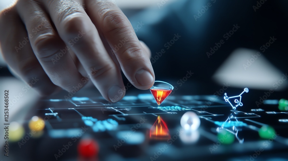 Closeup of a scientists hand interacting with a floating holographic periodic table, selecting chemical elements Closeup of a scientists hand interacting with a floating holographic periodic table, selecting chemical elements