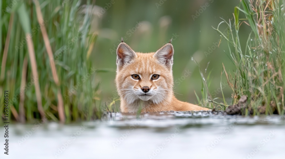 Orange Cat Facing Camera in Shallow Water, Grassy Background, Wildlife