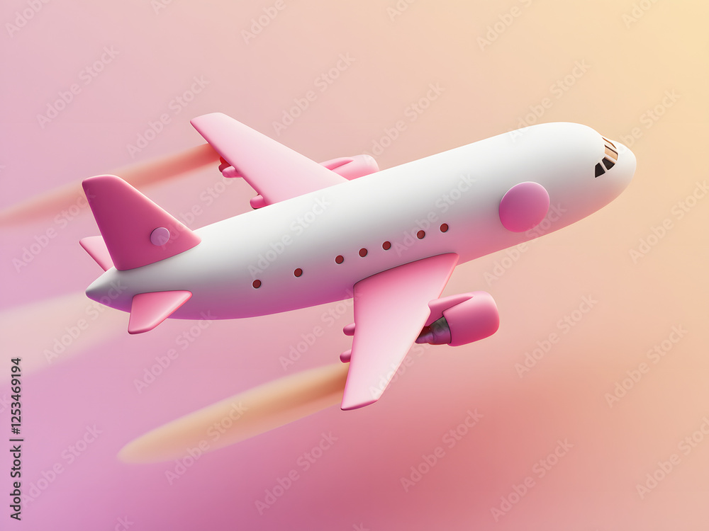 custom made wallpaper toronto digitalA 3D-rendered digital image featuring a pastel pink airplane flying through a dreamy sky, representing modern aviation, air travel, and the airline industry.