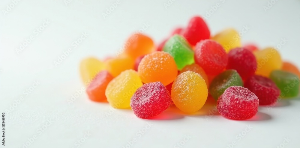 Pile of rainbow gummy candies on white surface , dessert, food photography, white Pile of rainbow gummy candies on white surface , dessert, food photography, white
