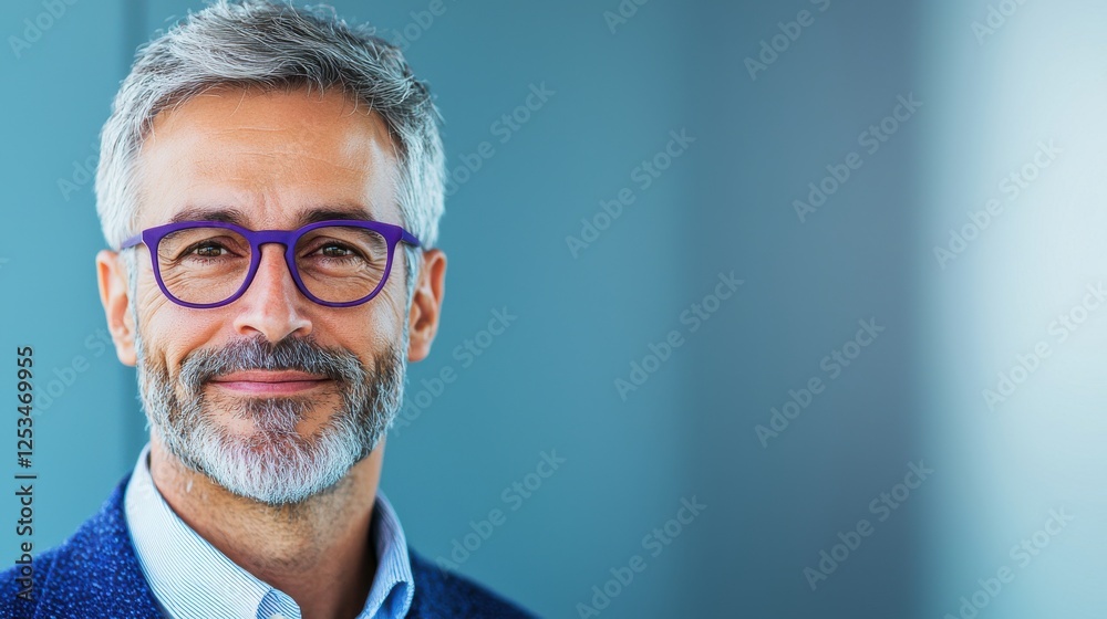 Fototapeta premium Career Advice style. Smiling man with glasses and a beard in a professional setting.