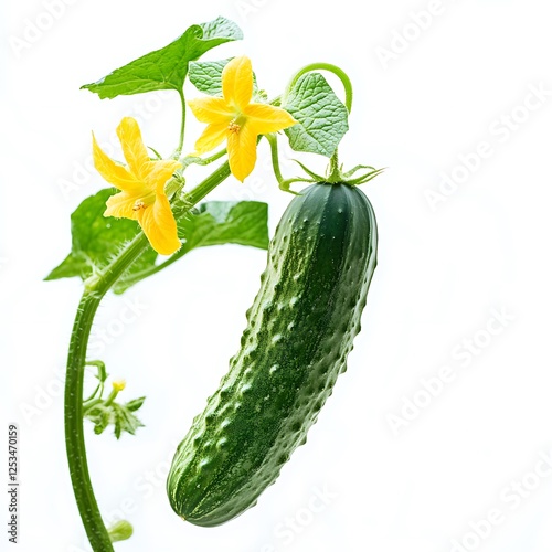 Cucumber Vine with Flowers: A vibrant green cucumber hangs from a vine adorned with bright yellow flowers, showcasing the beauty and bounty of fresh produce. 