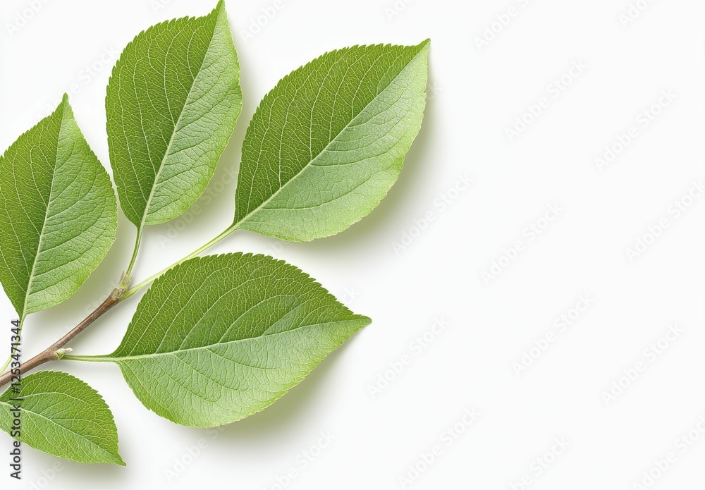 Fototapeta premium Closeup Of Fresh Green Leaves On Branch Against White Background