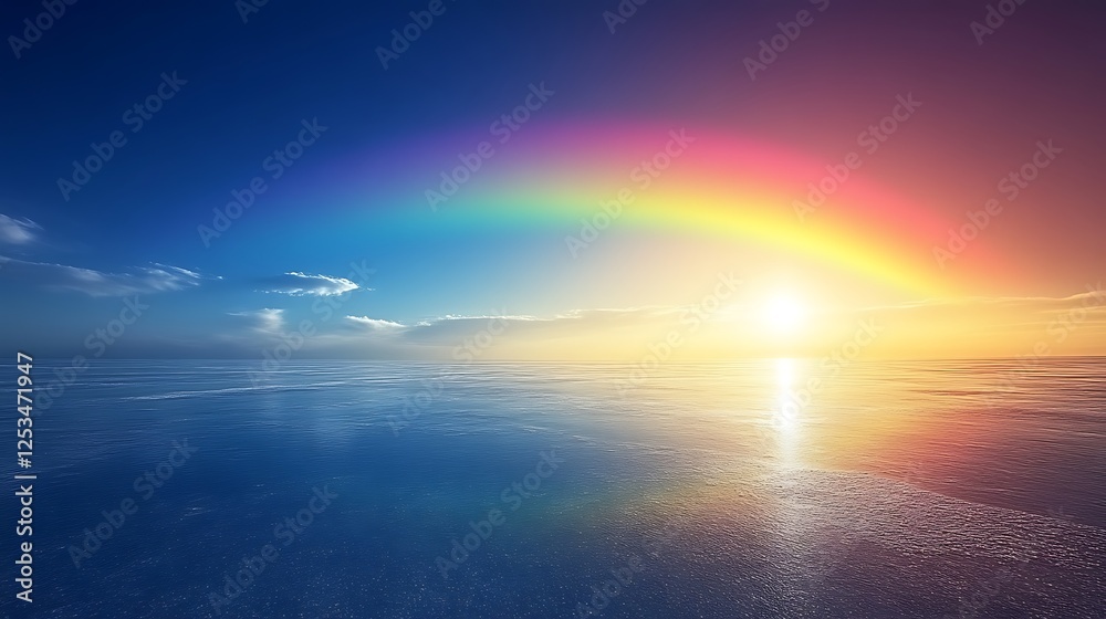 Obraz premium Serene Sunset Rainbow Over Calm Ocean Waters