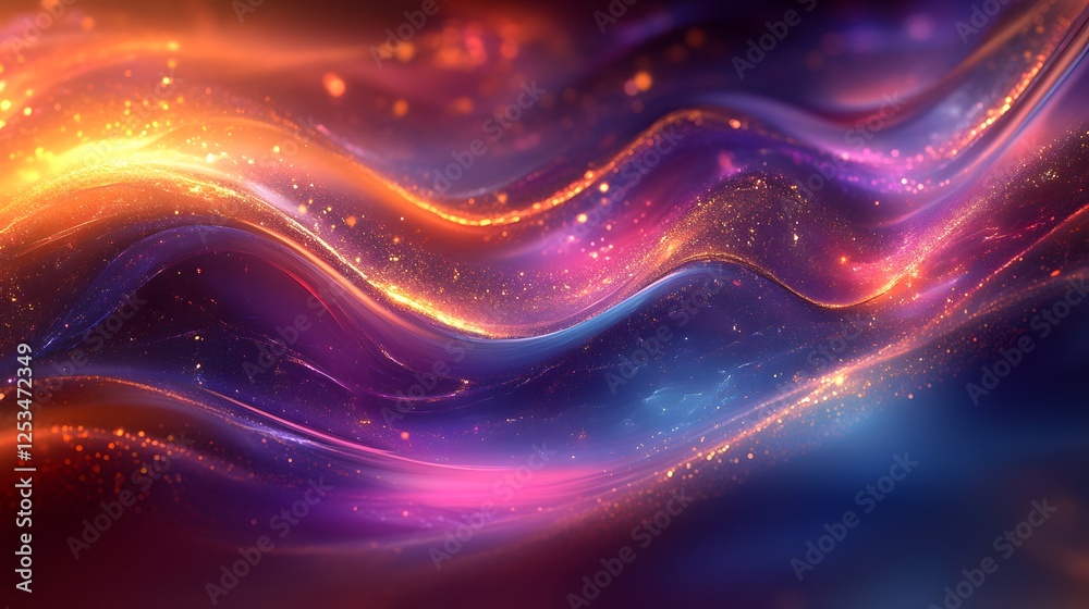 Fototapeta premium Abstract Cosmic Waves Vibrant Purple Orange and Blue Swirling Glitter Background