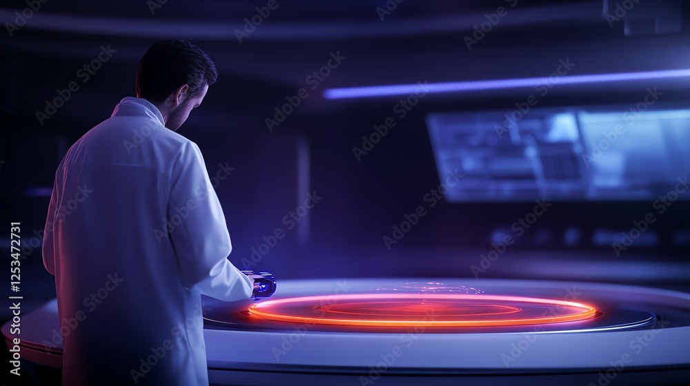 Scientist in a hightech research facility examining a levitating nanobot with a futuristic data interface in the background Scientist in a hightech research facility examining a levitating nanobot with a futuristic data interface in the background