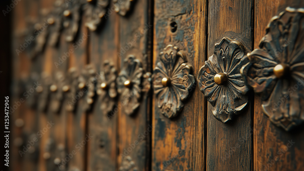 close up view of ornate wooden door featuring intricate metal handles and weathered finish, showcasing craftsmanship and historical design close up view of ornate wooden door featuring intricate metal handles and weathered finish, showcasing craftsmanship and historical design
