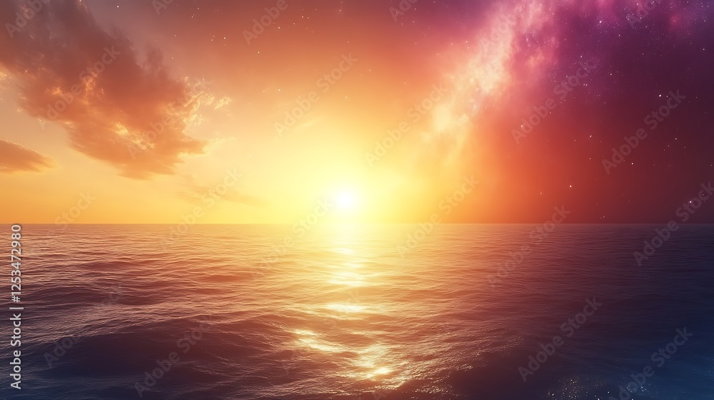 Fototapeta premium Serene Sunset Over Ocean Meets Starry Night Sky