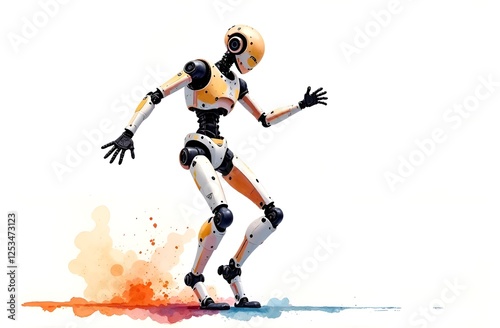 Watercolor illustration. A humanoid robot dances. White background with splashes of bright colors