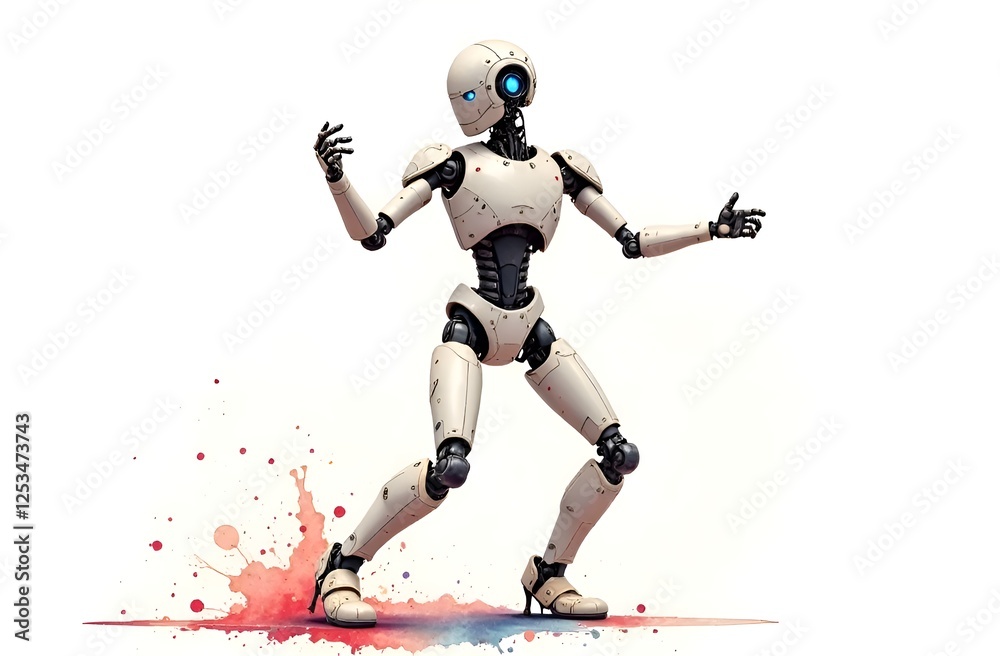 Watercolor illustration. A humanoid robot looks at its hand and dances. White background with splashes of bright colors Watercolor illustration. A humanoid robot looks at its hand and dances. White background with splashes of bright colors