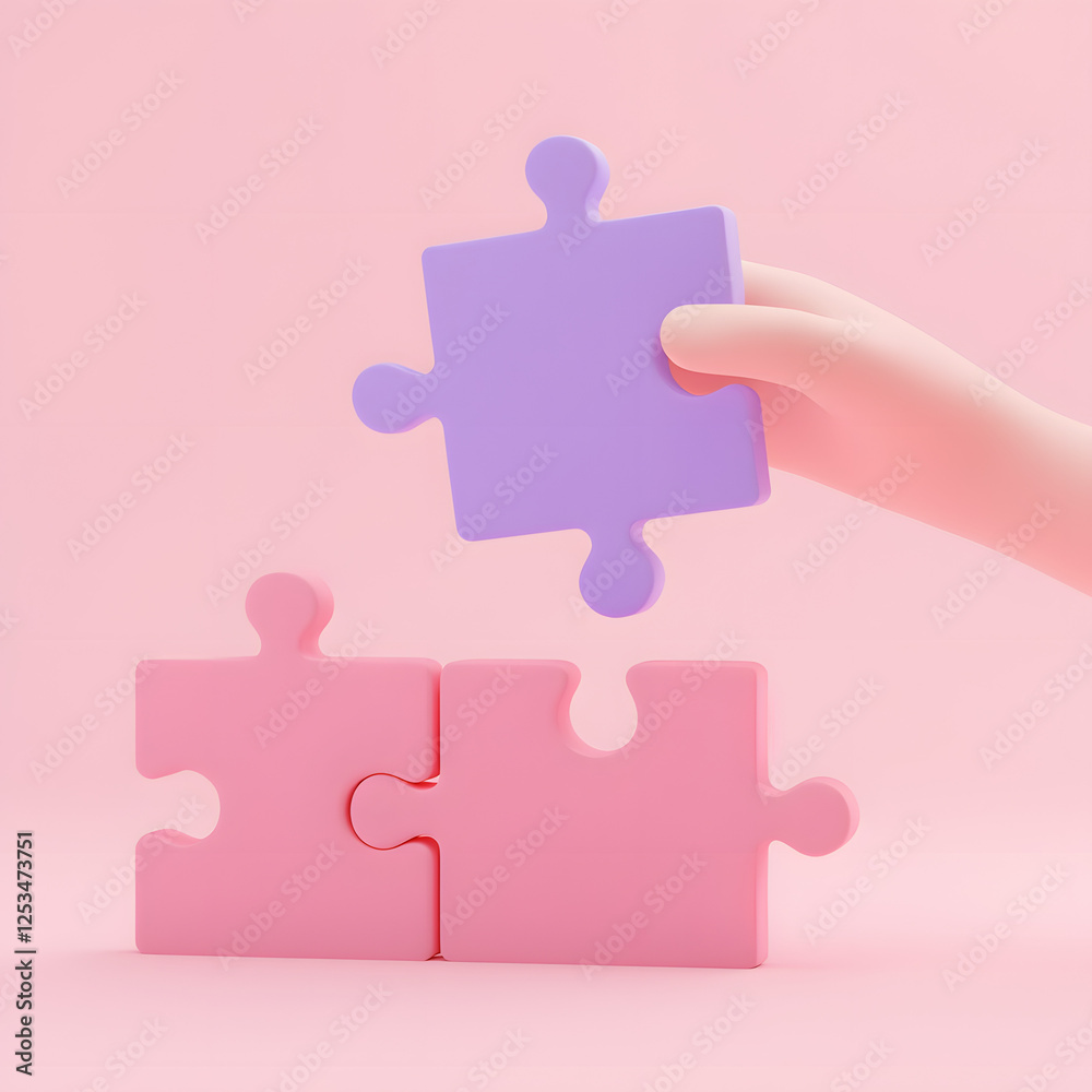 A 3D-rendered illustration showing hands placing purple puzzle pieces onto a pink puzzle structure, symbolizing teamwork, problem-solving, collaboration, and business strategy. A 3D-rendered illustration showing hands placing purple puzzle pieces onto a pink puzzle structure, symbolizing teamwork, problem-solving, collaboration, and business strategy.
