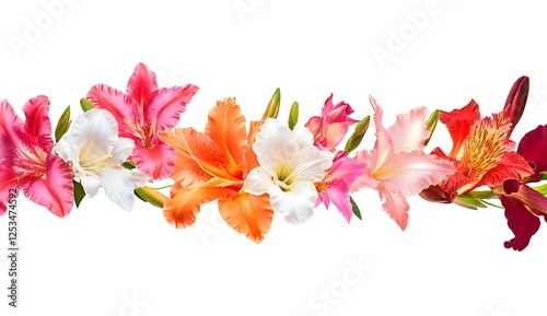 Floral Tapestry: A vibrant, delicate arrangement of multi-colored gladiolus blooms, showcasing their intricate petals and varied hues.  The delicate stems intertwine in a harmonious composition.