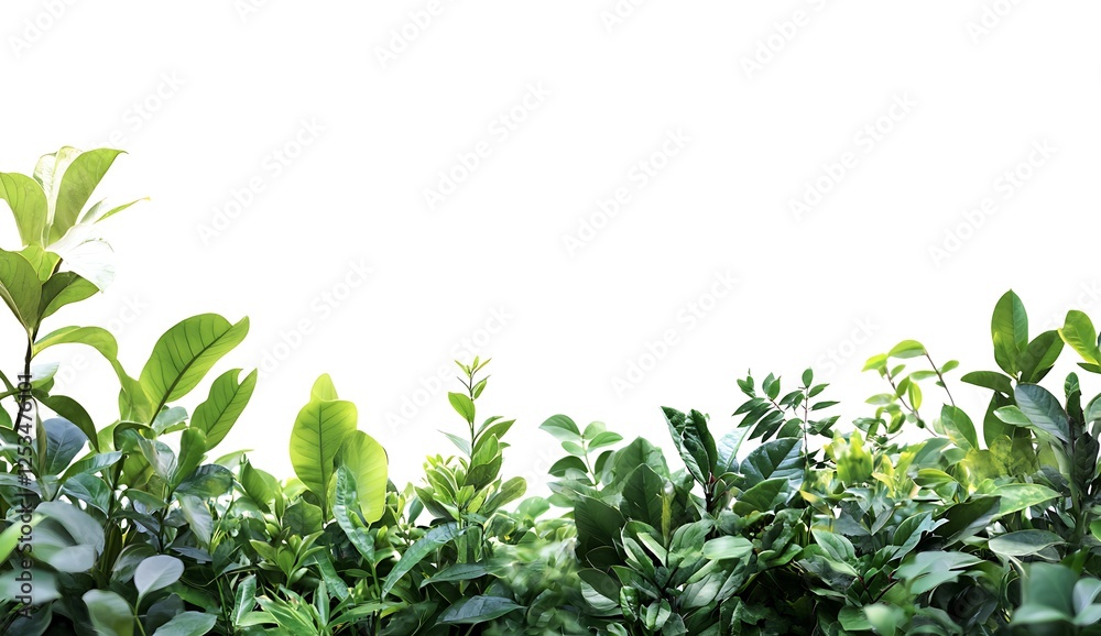 Fototapeta premium Green Foliage Border: A vibrant cluster of lush green foliage creates a natural border, ready to frame your message or image. The leaves' textures and shapes create a sense of growth and life.