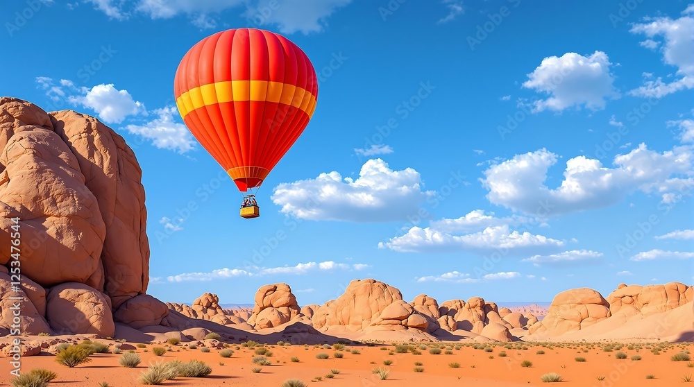 Obraz premium Red Hot Air Balloon Soaring Above a Desert Landscape