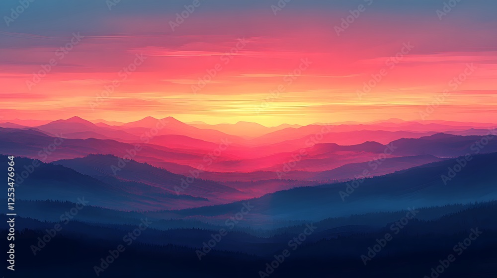 Obraz premium Vibrant Sunset Over Rolling Mountains Dramatic Pink and Purple Hues Landscape Photography