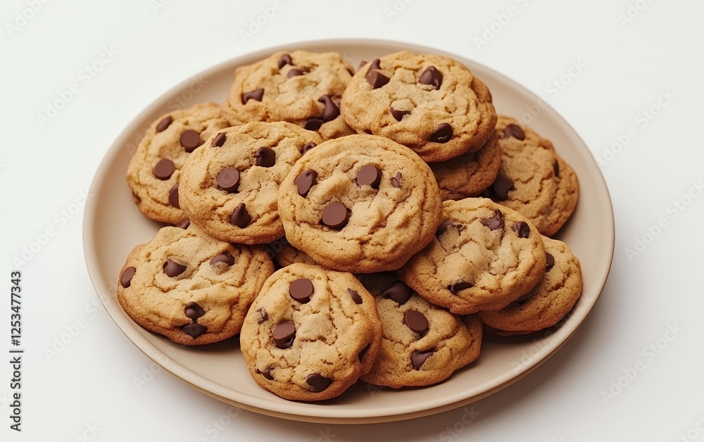 Close-up of chocolate chip cookies on a beige plate with a white background Close-up of chocolate chip cookies on a beige plate with a white background