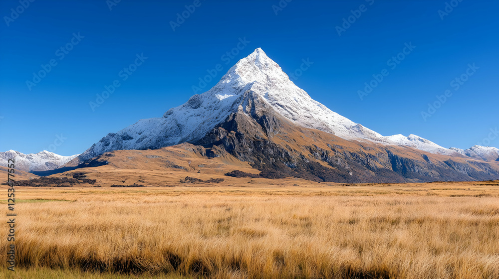 Obraz premium Majestic snow-capped peak autumnal plains clear sky landscape photography