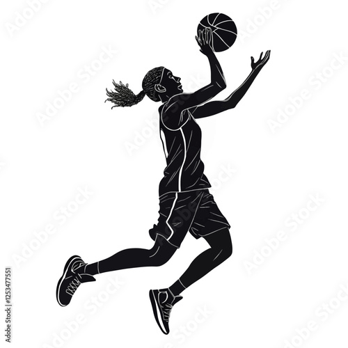 Silhouette of a female basketball player making a jump shot athletic powerful sportswoman