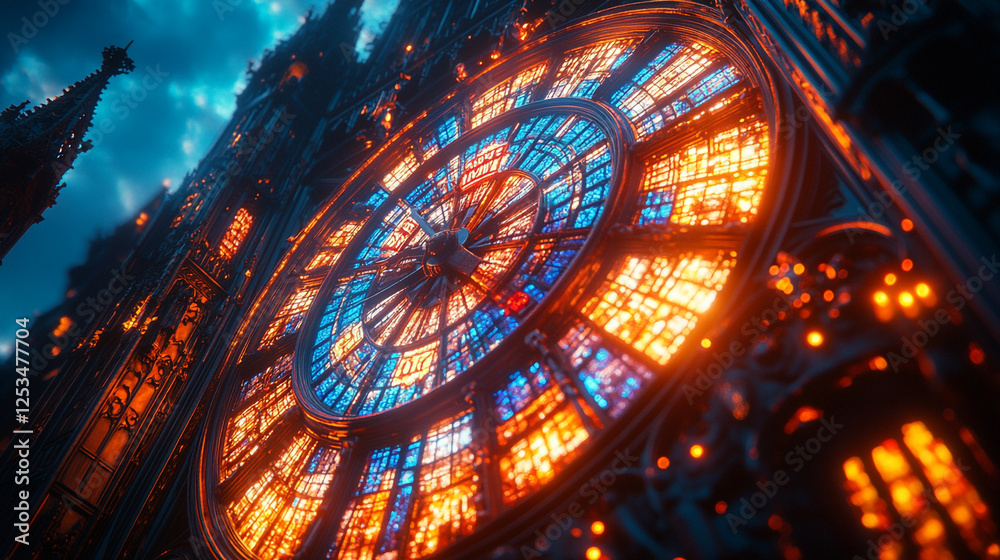 Obraz premium Colorful stained glass clock illuminated at dusk in a historical building