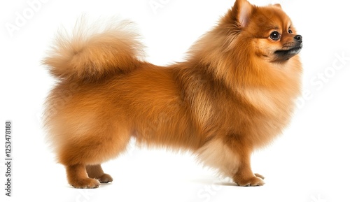 Pomeranian Portrait: A fluffy Pomeranian, with its signature plush coat and adorable button nose, stands proudly against a clean backdrop, showcasing the breed's charm and playful personality.  