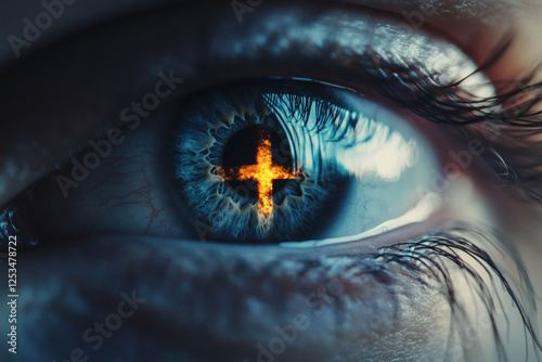 The reflection of a Christian cross inside the eye of a person