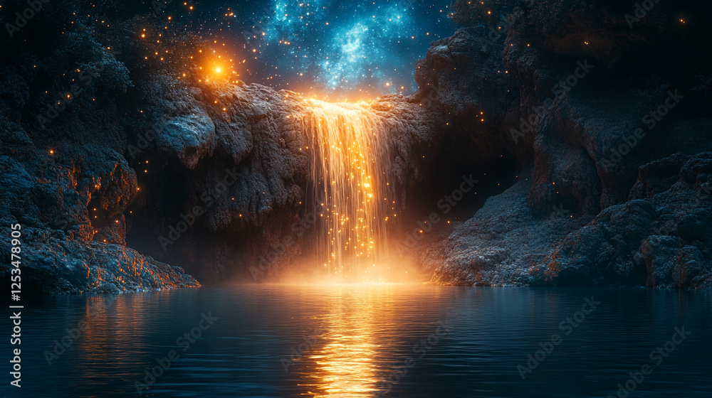 Waterfall cascading into a serene lake under a starry sky filled with glowing particles Waterfall cascading into a serene lake under a starry sky filled with glowing particles