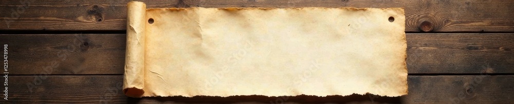 Fototapeta premium Unbleached paper sheet on aged wooden tabletop, writing, photography