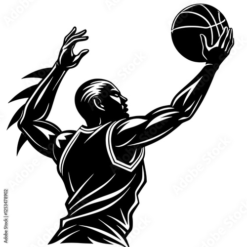 Powerful Black and White Illustration of a Basketball Player Making a Shot