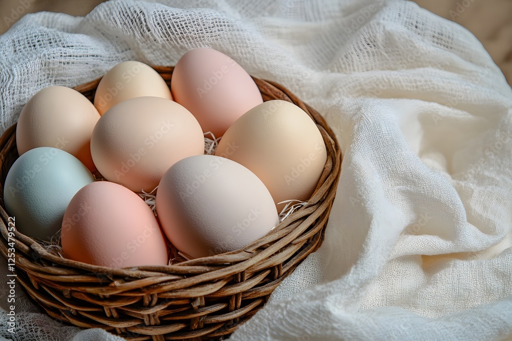 Nest of Fresh Farm Eggs in a Rustic Wicker Basket on Cozy Linen Cloth Nest of Fresh Farm Eggs in a Rustic Wicker Basket on Cozy Linen Cloth
