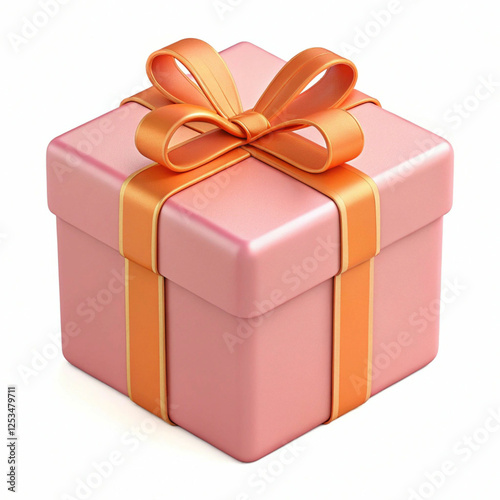 A 3D-rendered pink gift box with an orange ribbon