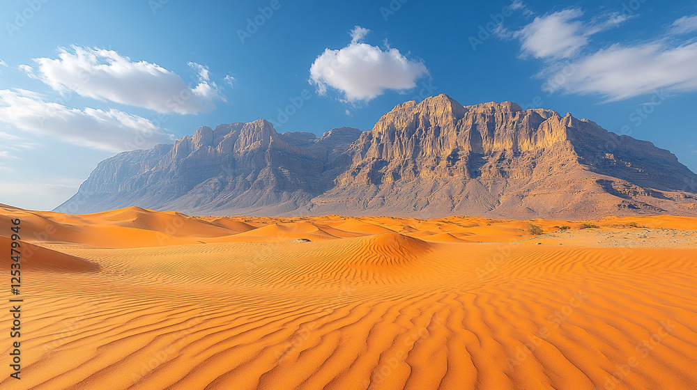 Fototapeta premium Expansive desert landscape with majestic mountains under a blue sky