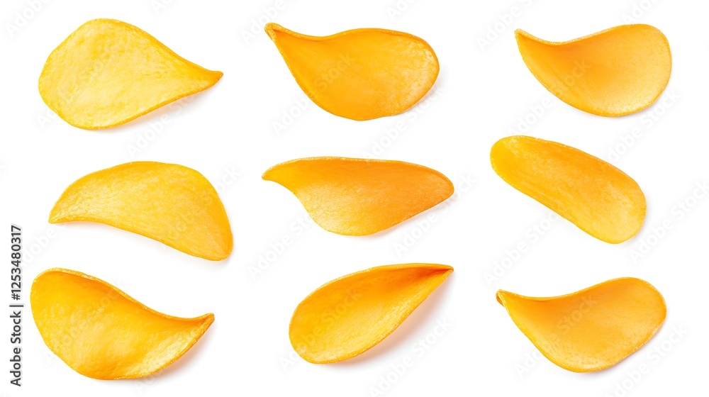 Potato Chip Collage: A collection of golden-brown potato chips, arranged in a visually appealing collage, perfectly capturing the irresistible crunch and satisfying snacking experience. Potato Chip Collage: A collection of golden-brown potato chips, arranged in a visually appealing collage, perfectly capturing the irresistible crunch and satisfying snacking experience.