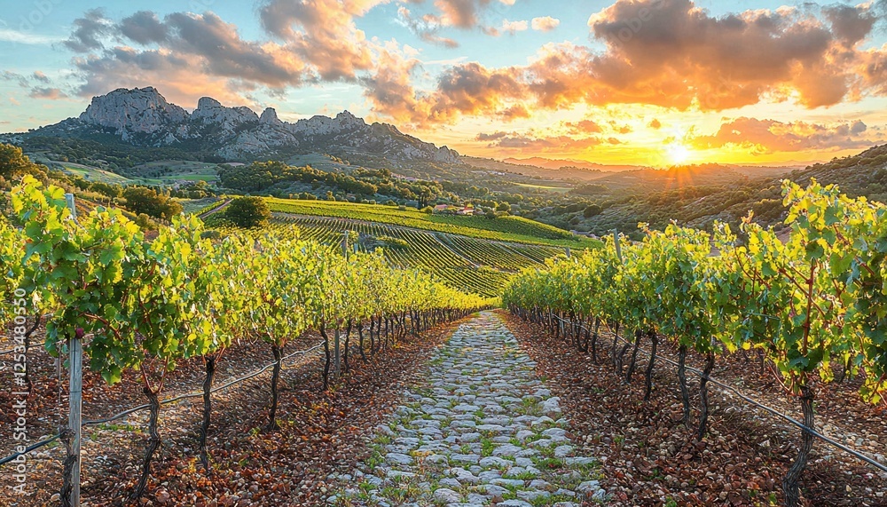 Naklejka premium Vineyard sunset landscape with mountains, path, and colorful sky