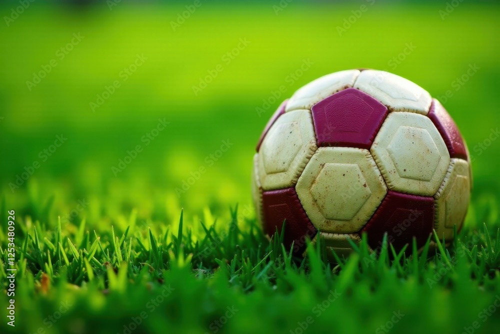 Well-worn football nestled in vibrant green turf, field, oval Well-worn football nestled in vibrant green turf, field, oval