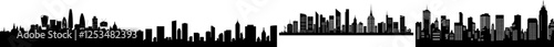 City skyline with a modern edifice silhouette. Background featuring a panoramic view of the city. Collection of urban skyline borders
