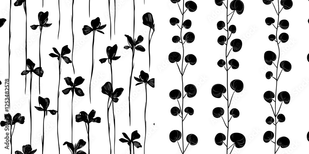 Exotic black and white seamless floral pattern featuring black silhouettes of tropical flowers and orchids on a light background. Hand-drawn style. Suitable for textiles, wallpaper, and interior Exotic black and white seamless floral pattern featuring black silhouettes of tropical flowers and orchids on a light background. Hand-drawn style. Suitable for textiles, wallpaper, and interior