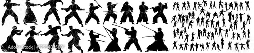 Children, both girls and boys, practicing karate in various stances and movements during strikes and blocks