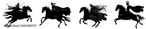 A fairy tale prince mounted on a horse galloping forward - a medieval fantasy hero depicted in black and white modern silhouette
