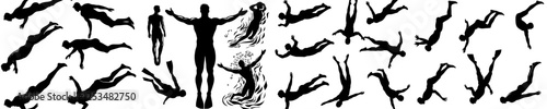 Black silhouettes of swimmers set against a white backdrop