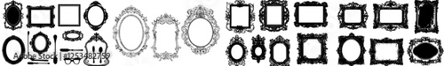 A set of black silhouettes within a picture frame isolated against a white background, featuring flat design and modern illustration