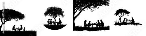 A family is having a picnic in the park, with their figures painted as silhouettes against the sky