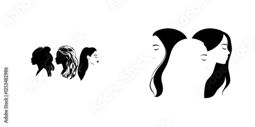 Women of diverse races standing together. Profiles of three female figures with different skin tones and hairstyles in a minimal flat style illustration. Symbolizes the feminist movement