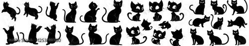 A set of black cats featuring a collection of funny cat silhouettes in various poses. Modern illustration isolated on a white background, drawn for children