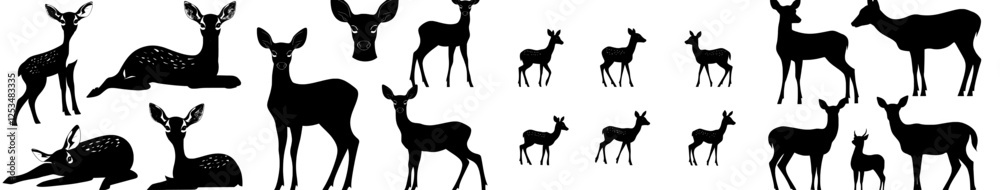 Fototapeta premium deer silhouette set, Graphic black silhouettes of wild deer