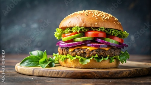 A succulent plant-based burger made from a mixture of vegetables and grains, tasty, grains, wellness, juicy photo