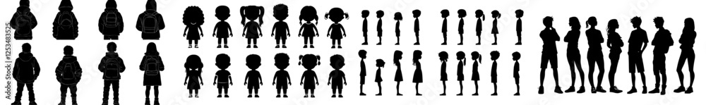 A set of boy and girl silhouettes isolated against a white background, with a modern illustration style A set of boy and girl silhouettes isolated against a white background, with a modern illustration style